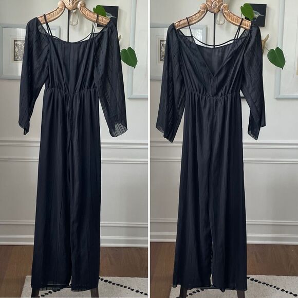 H&M Black Peasant Style Wide Straight Leg Jumpsuit Strappy Back 4 - Picture 2 of 9